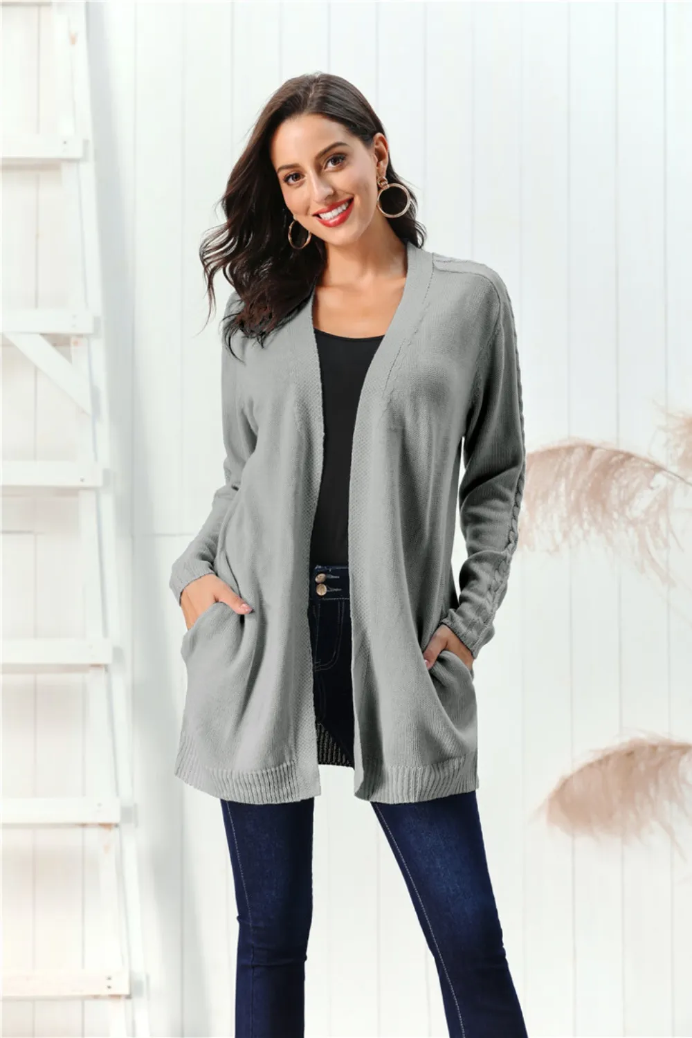 Cable-Knit Open Front Long Sleeve Cardigan, image 10