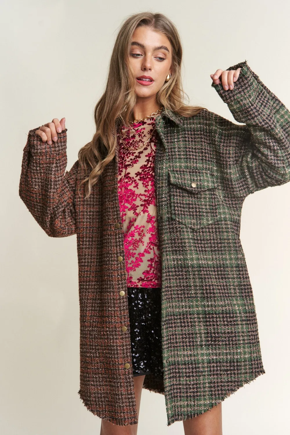 Snap Down Tweed Plaid Contrast Longline Shacket
