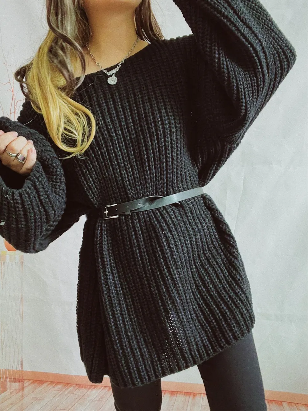 Boat Neck Long Sleeve Sweater with Belt, image 17