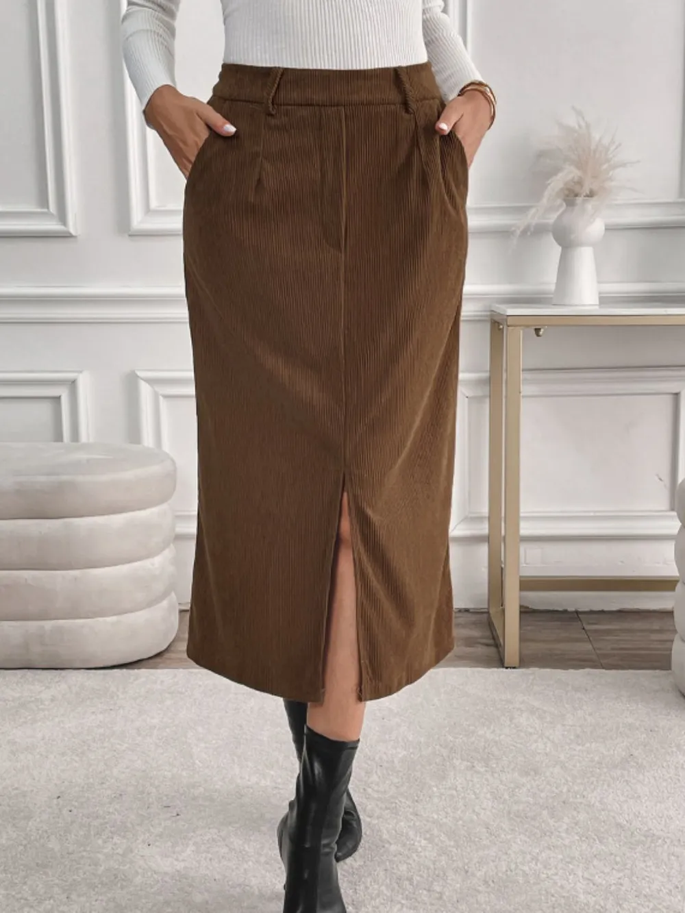 Slit Midi Skirt with Pockets, image 3