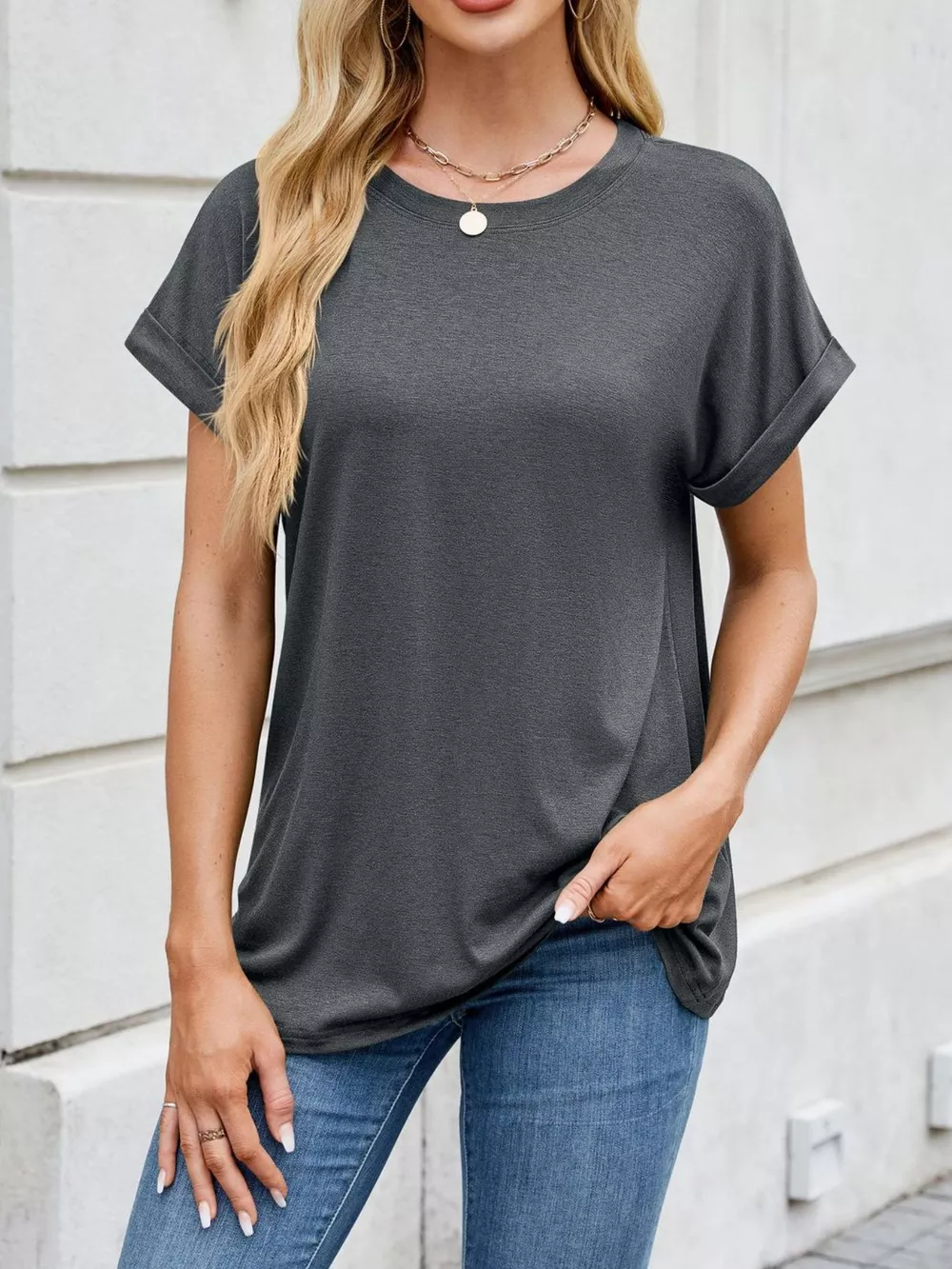 Casual Rolled Sleeve Solid Color T-Shirt, image 9