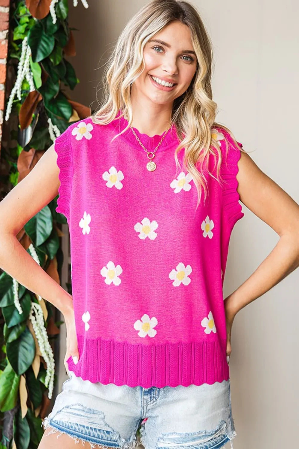 Full Size Flower Pattern Round Neck Sweater Vest