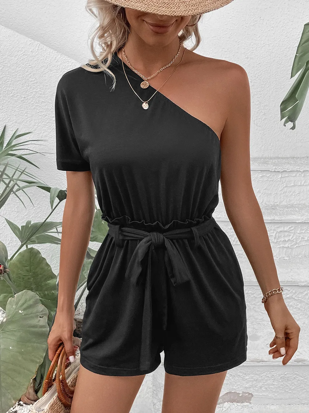 Single Shoulder Tie Waist Romper, image 2