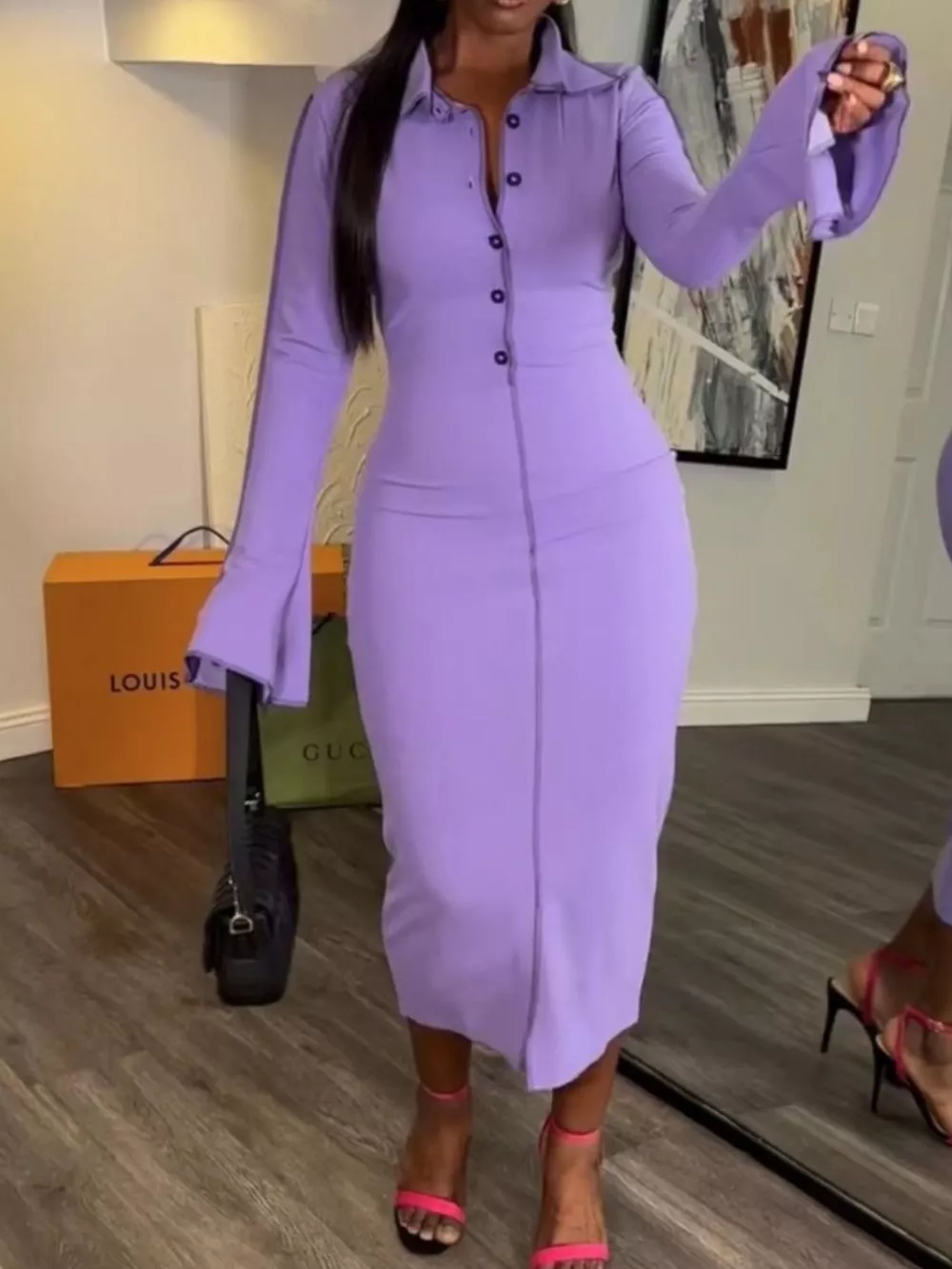Button Front Long Sleeve Midi Dress, image 4