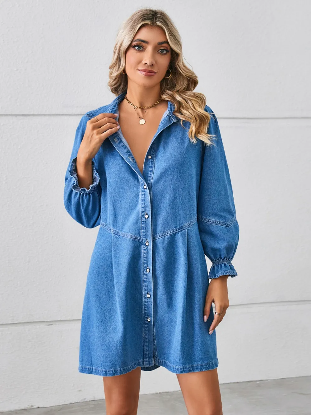 Button Up Flounce Sleeve Mini Denim Dress, image 6