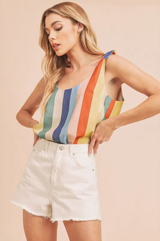 Contrast Striped Scoop Neck Tie Shoulder Tank