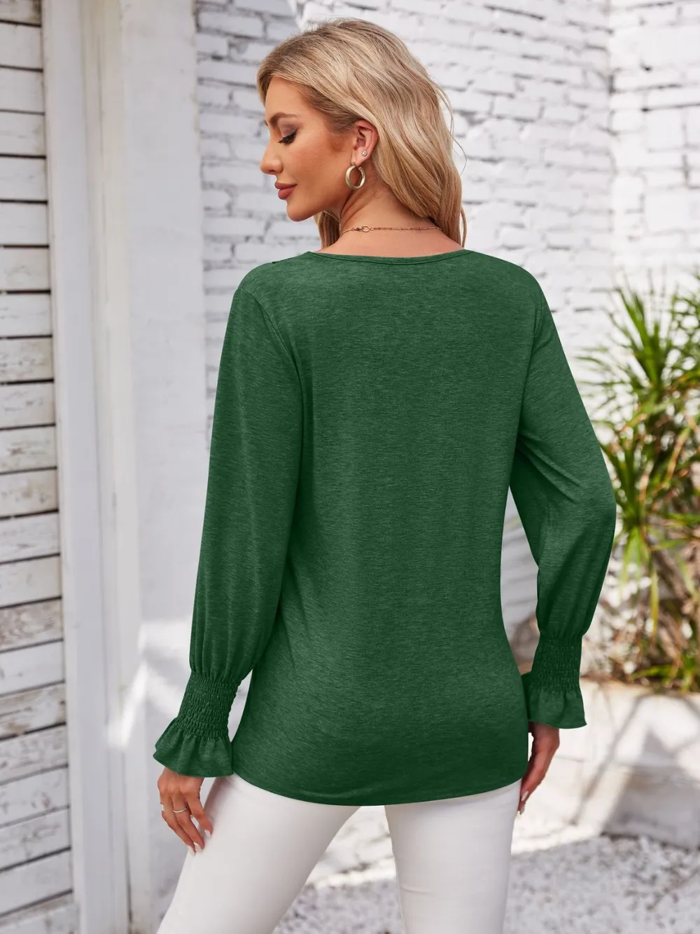 Smocked V-Neck Long Sleeve Blouse, image 21