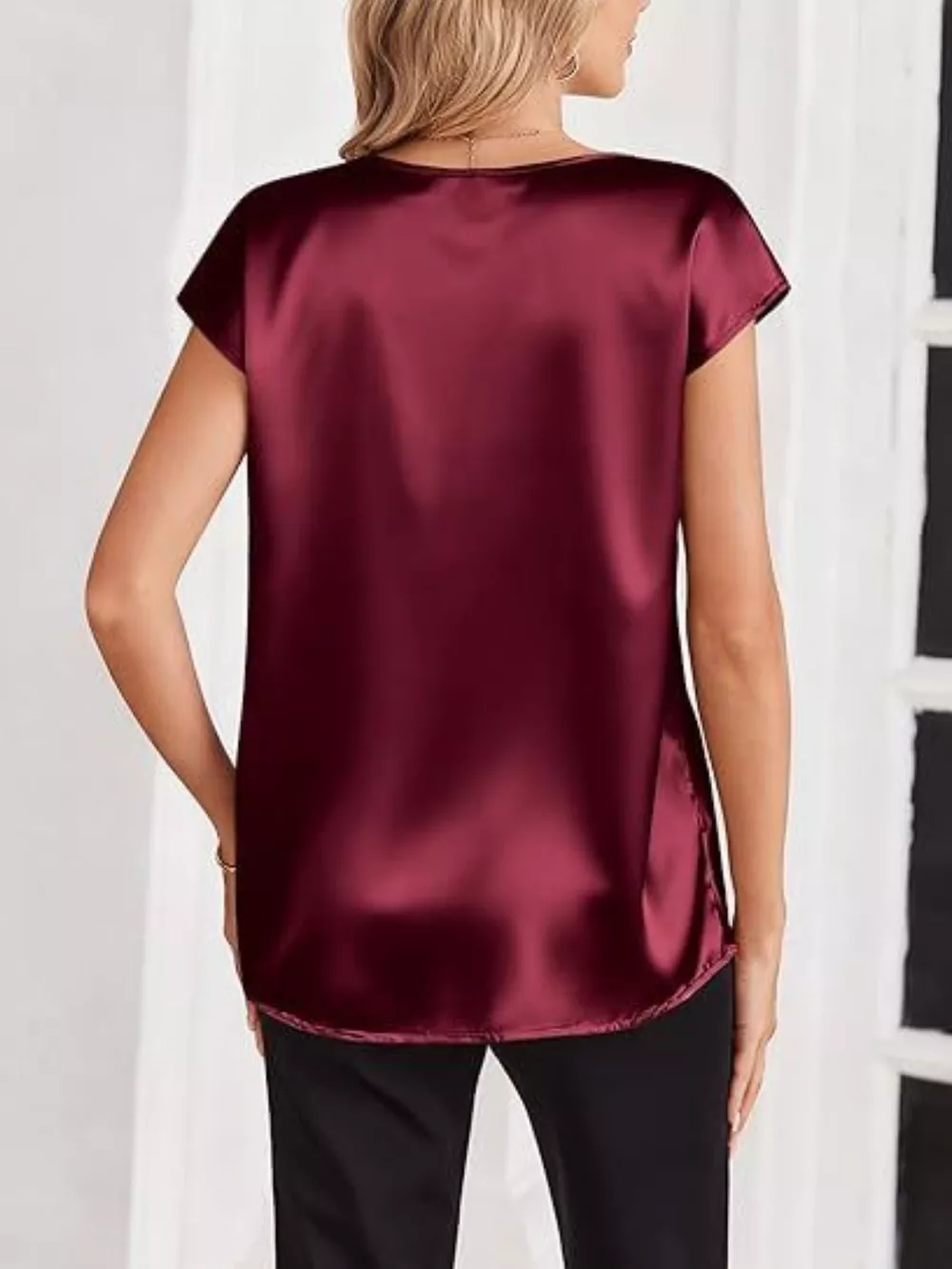 Satin V-Neck Short Sleeve Blouse, image 2