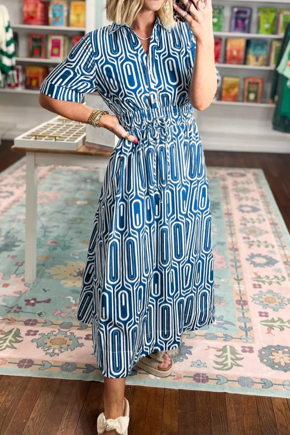 Geometric Print Short Sleeve Drawstring Shirt Collar Dress, image 5