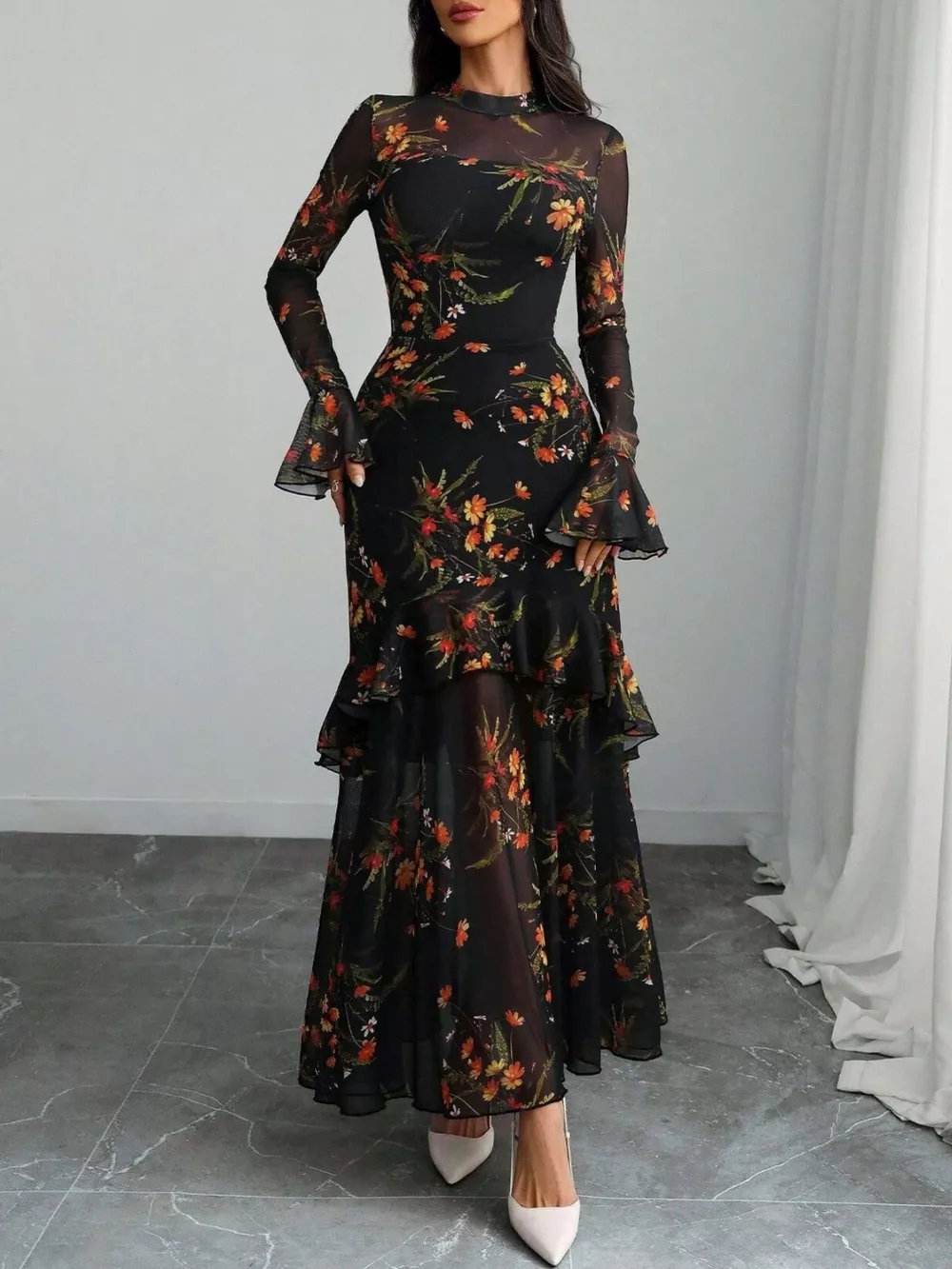Floral Print Flounce Sleeve Mermaid Maxi Dress, image 6