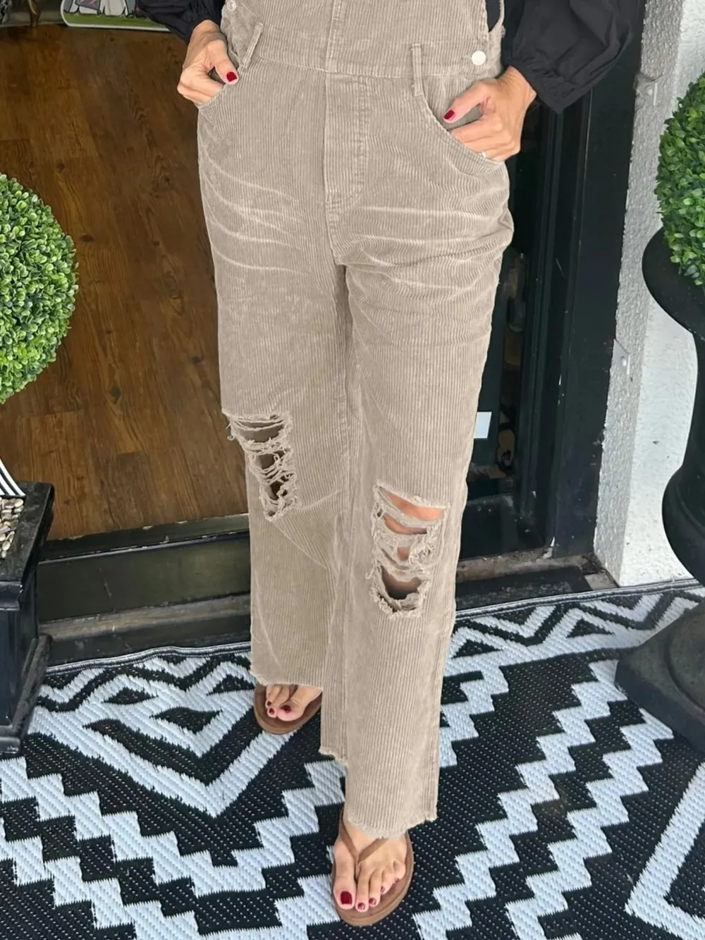 Distressed Wide Leg Corduroy Overalls, image 2