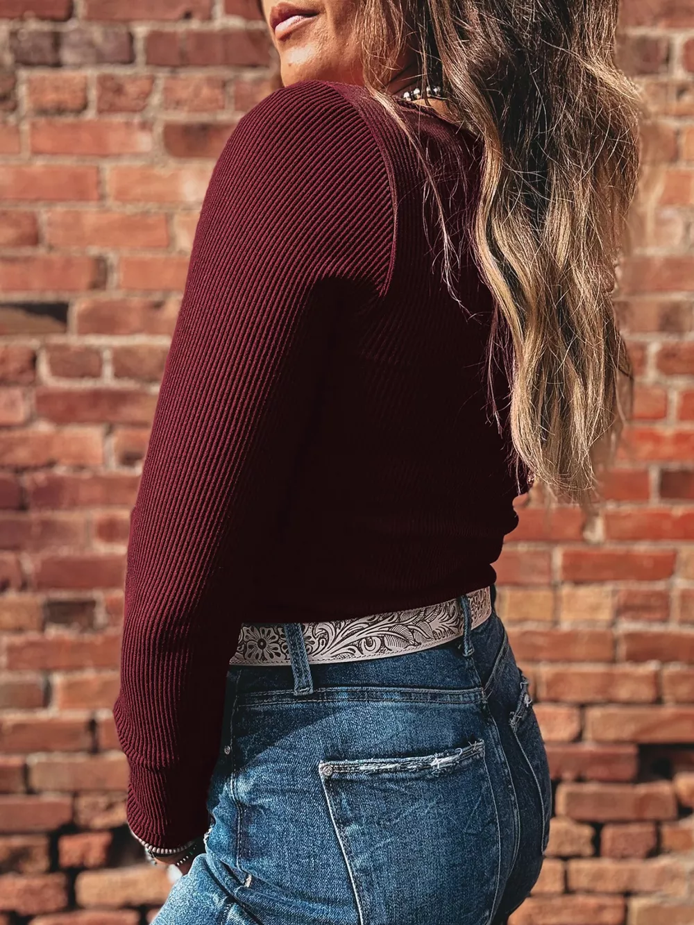 Ribbed Knit Long Sleeve Fitted T-Shirt, image 2