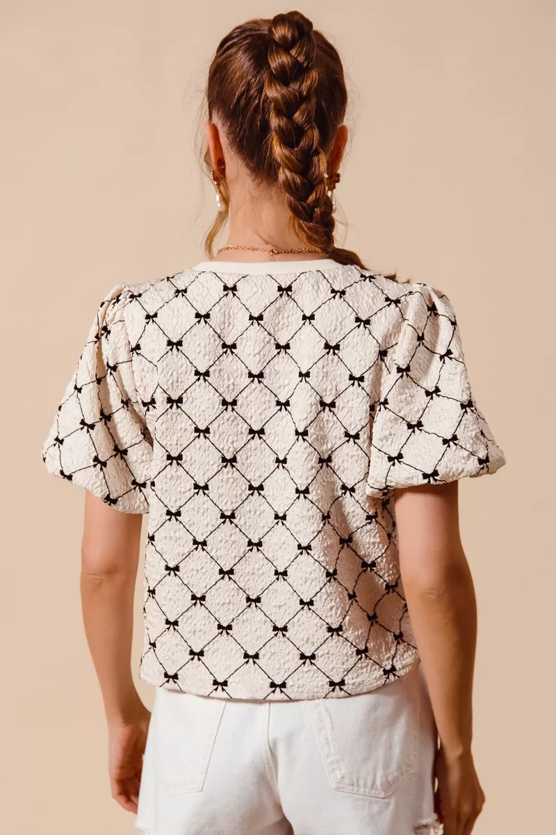 Bow Texture Woven Bubble Sleeve Top, image 8