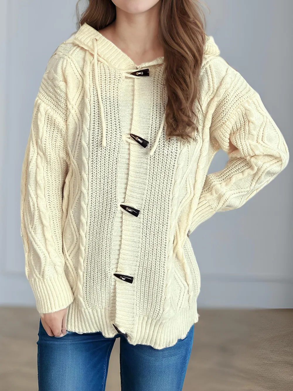 Cable-Knit Long Sleeve Hooded Cardigan, image 7