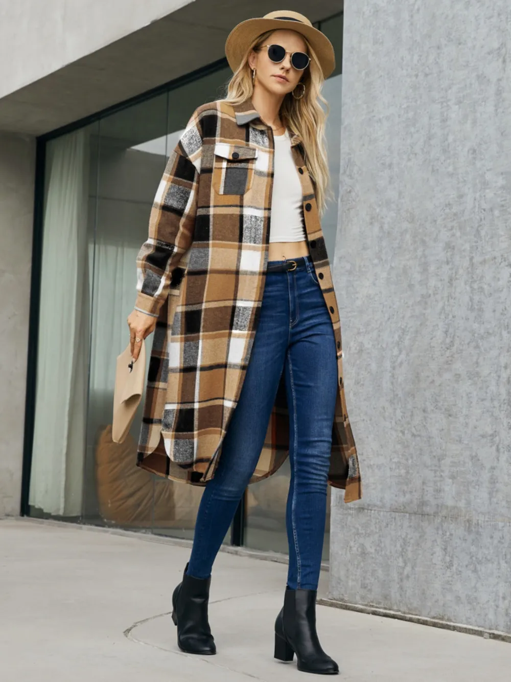 Plaid Pocketed Button Up Trench Coat, image 4