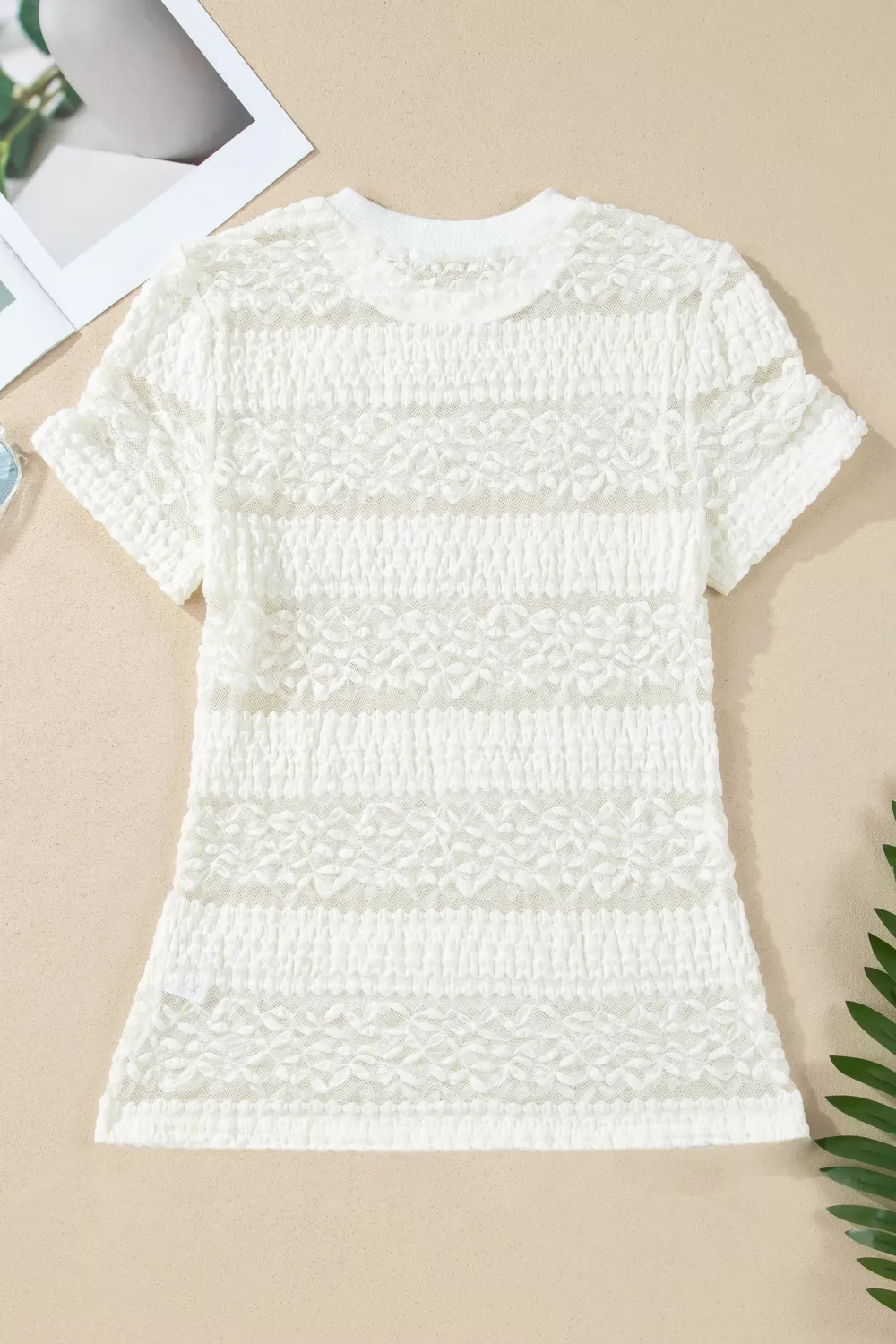 Sheer Lace Textured Patchwork Short Sleeve Top, image 4