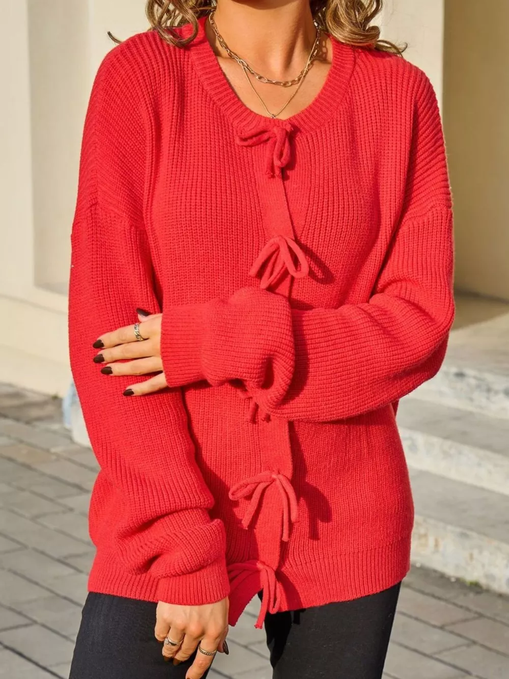Ribbed Knit Bow-Tie Cardigan, image 4