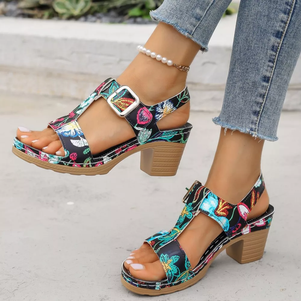 Floral Print Buckle Ankle Strap Block Heel Sandals, image 2