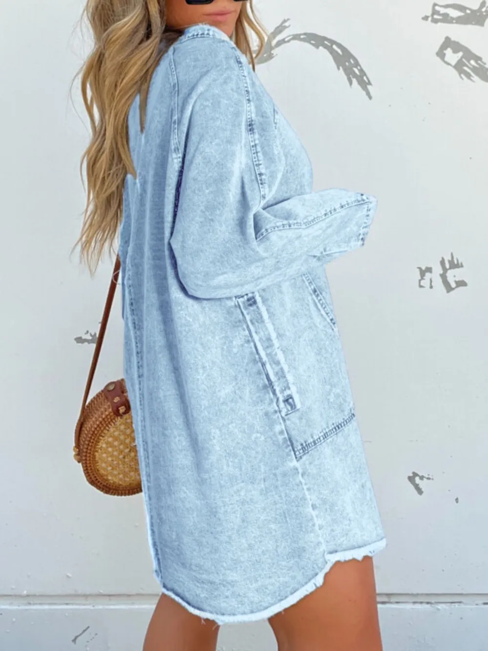 Full Size Button-Front Long Sleeve Denim Shirt Dress Plus Size, image 2