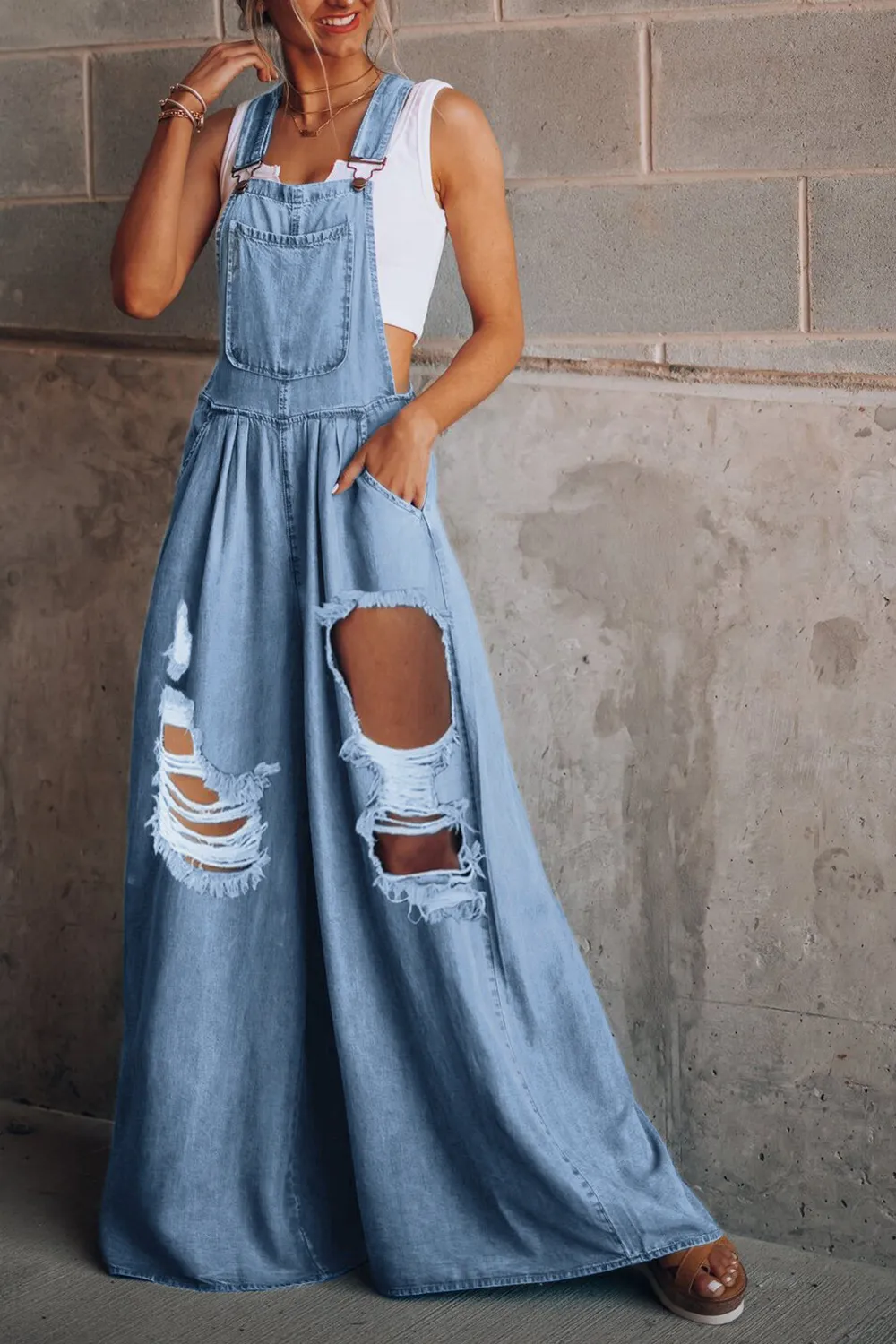 Distressed Wide Leg Denim Overalls, image 2