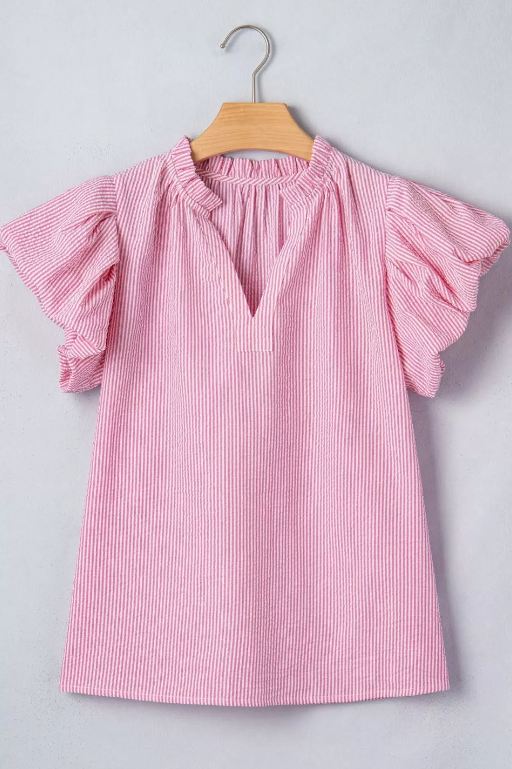 Stripe Short Bubble Sleeve Split V Neck Blouse, image 9