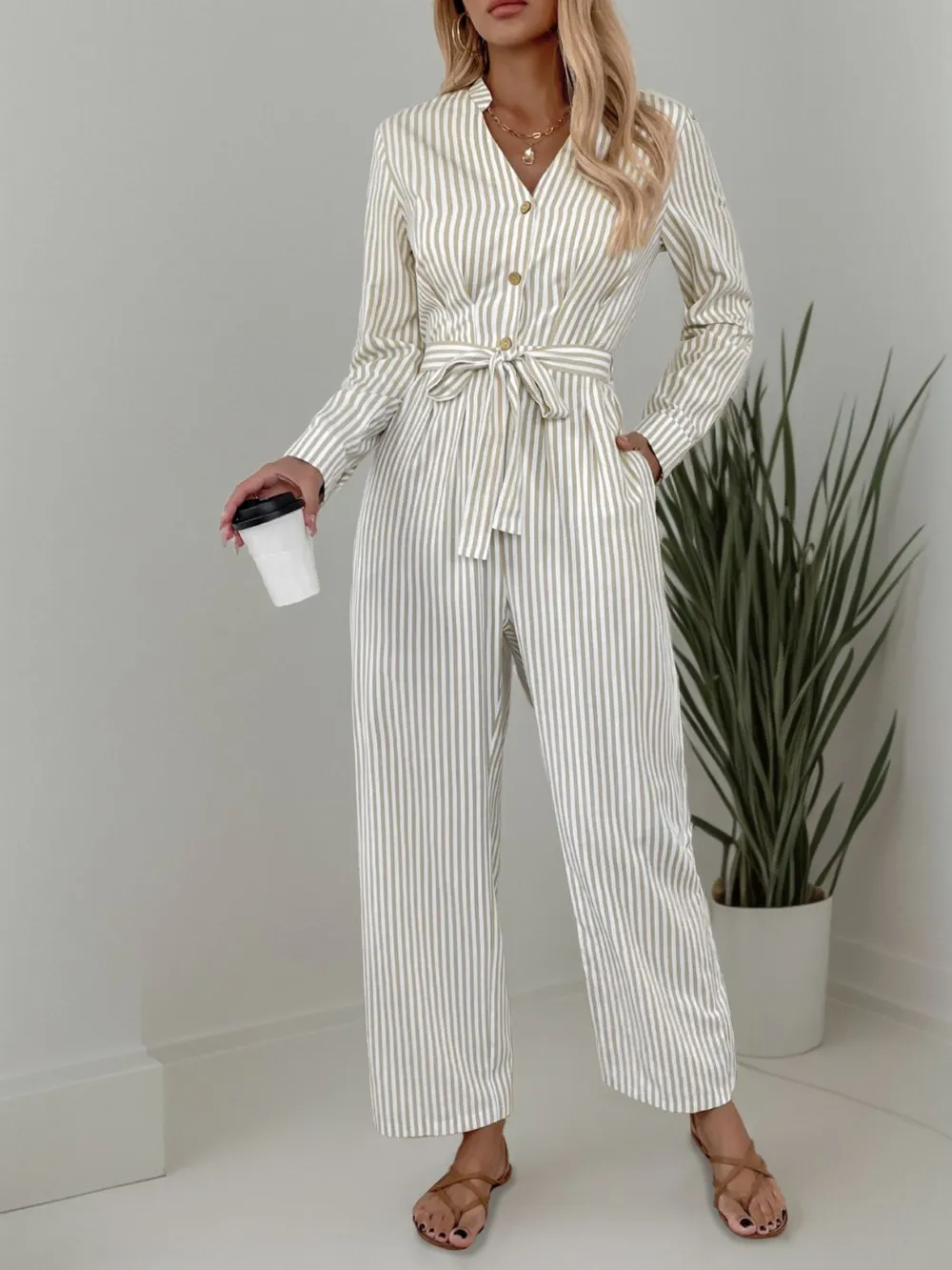 Striped Notched Long Sleeve Tie Waist Jumpsuit, image 5