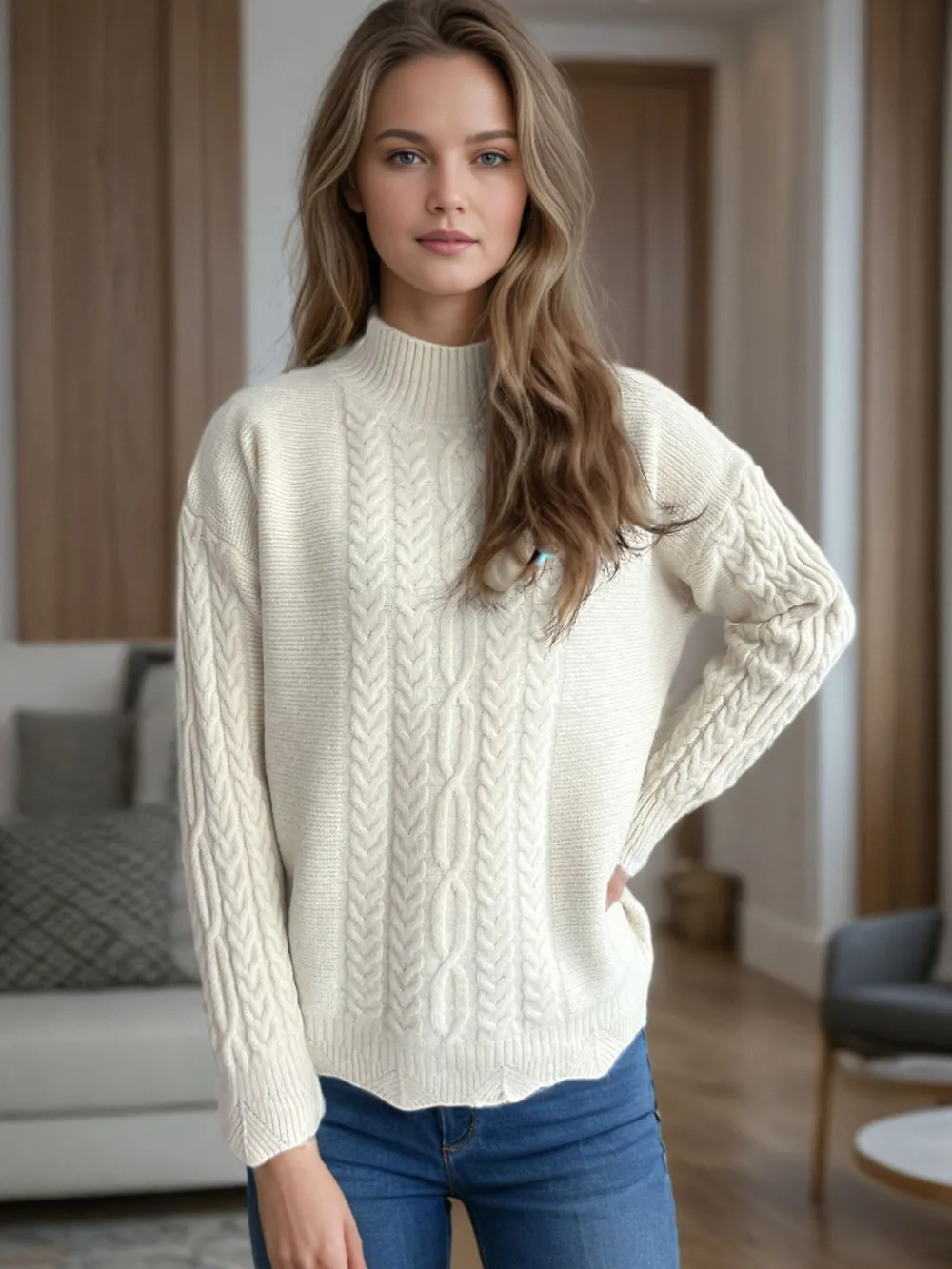Cable-Knit Mock Neck Dropped Shoulder Sweater, image 3