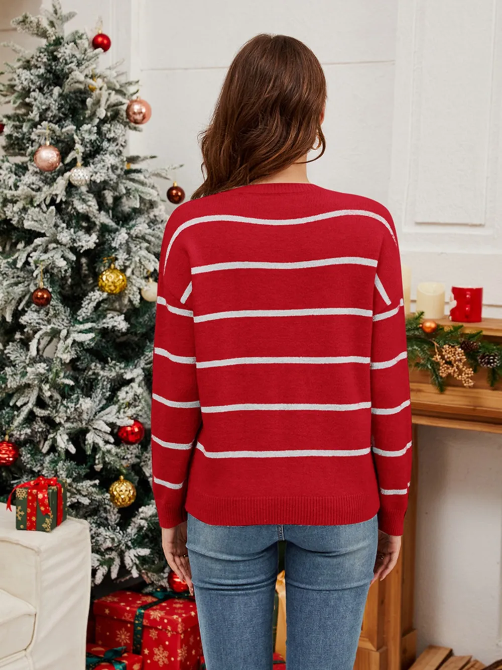 Sequin Santa Striped Round Neck Long Sleeve Sweater, image 9