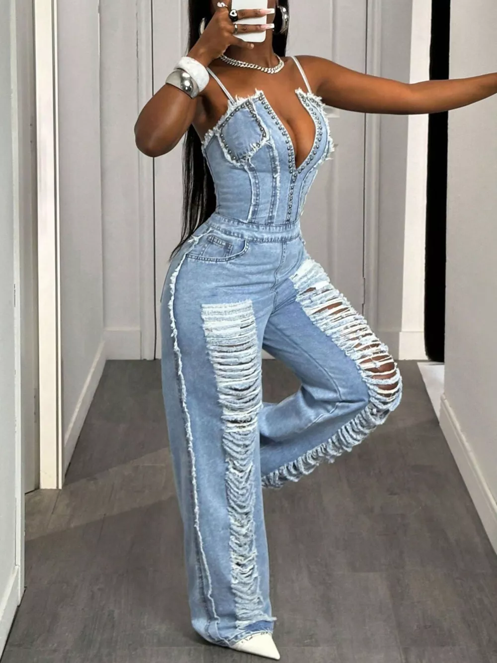 Distressed Spaghetti Strap Wide-Leg Denim Jumpsuit, image 3