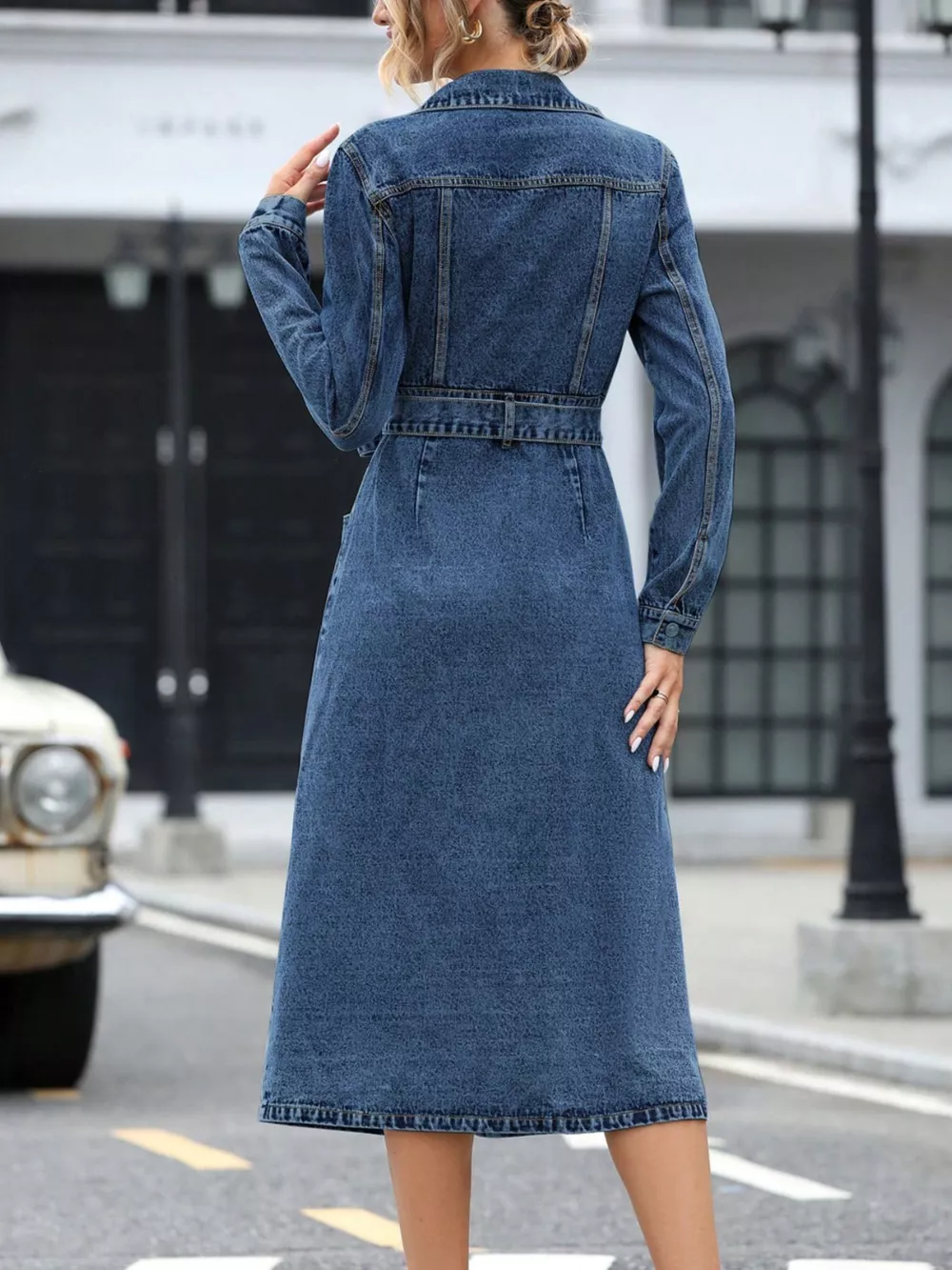Belted Long Sleeve Denim Dress, image 7