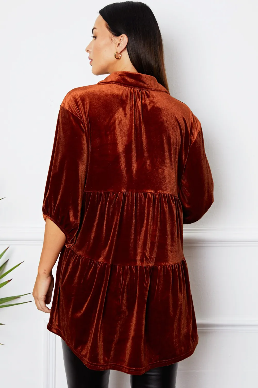 Velvet Tiered Button Up Collared Neck Shirt, image 2