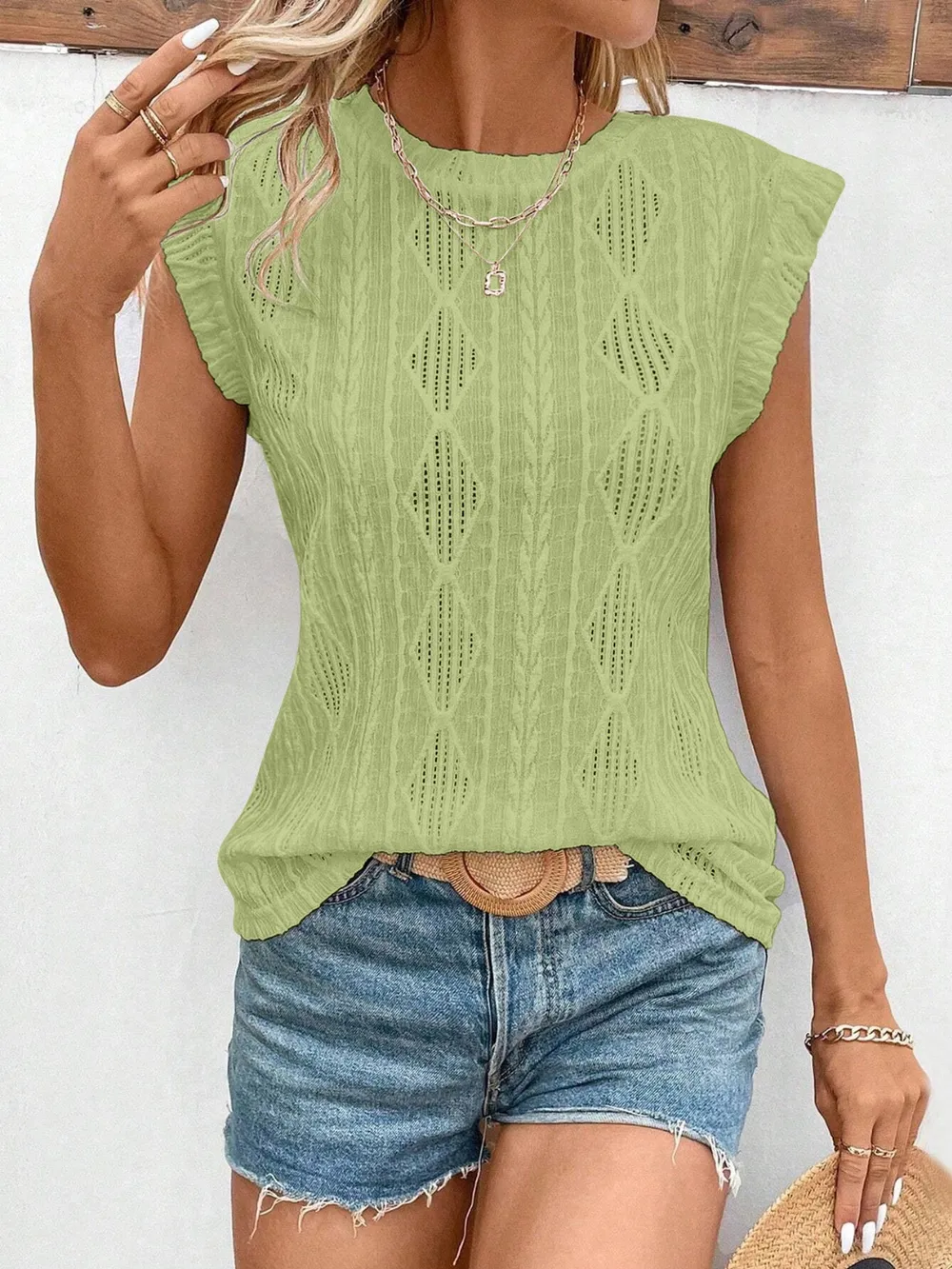 Openwork Round Neck Cap Sleeve Top, image 5
