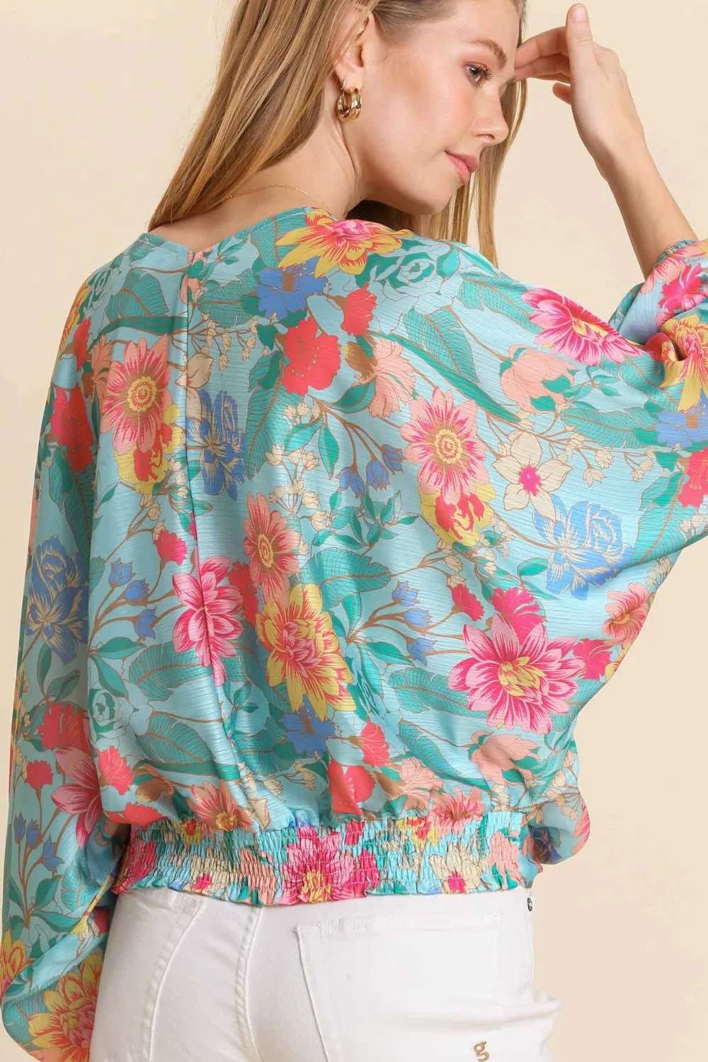 Full Size Floral Print Smocked Back Hem V-Neck Blouse Plus Size, image 2