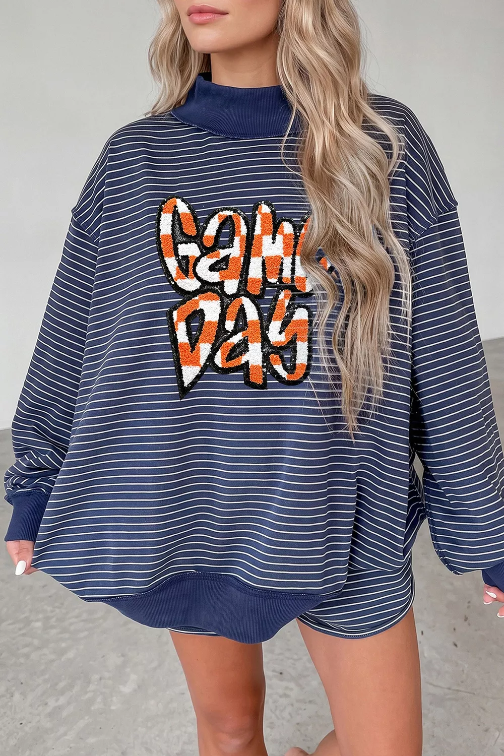 Stripe GAME DAY Letter Print Long Sleeve Two Piece Graphic Shorts Set