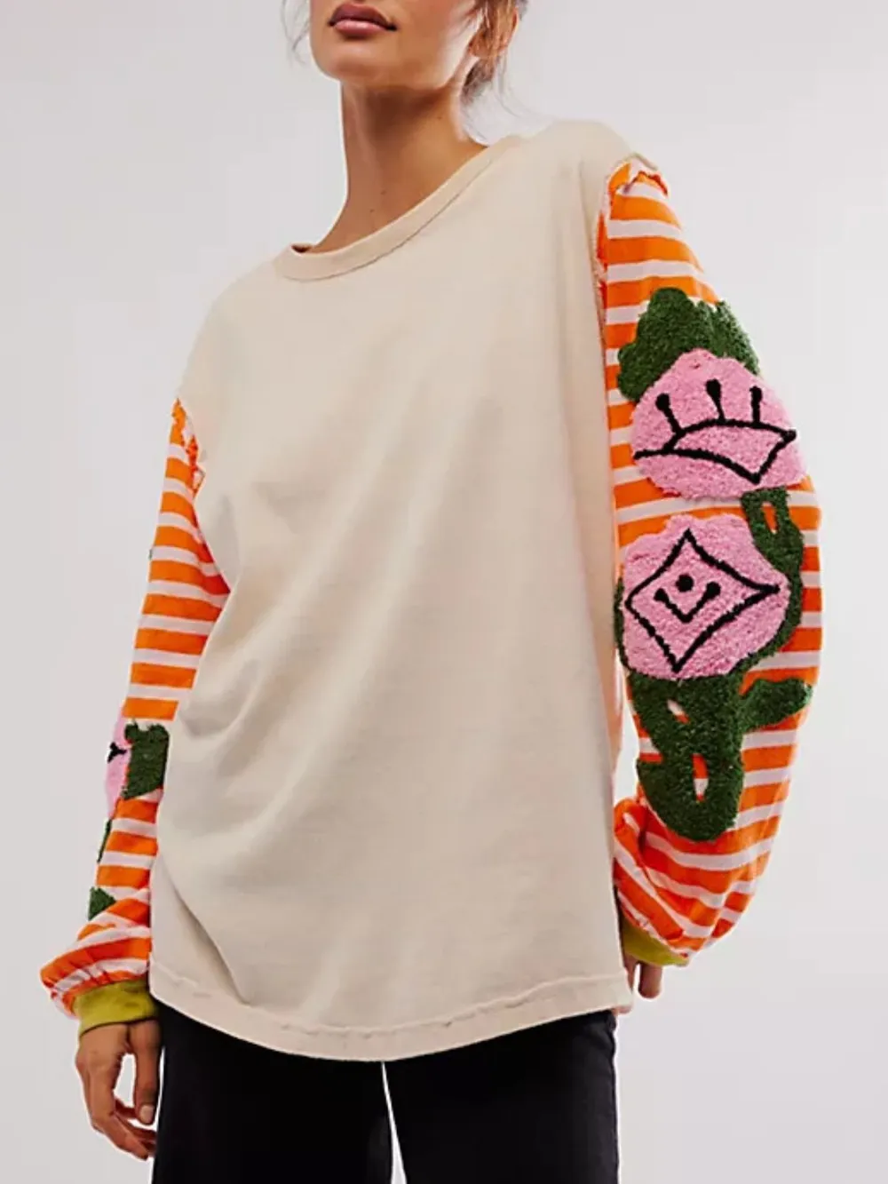 Striped Round Neck Long Sleeve Sweatshirt, image 2