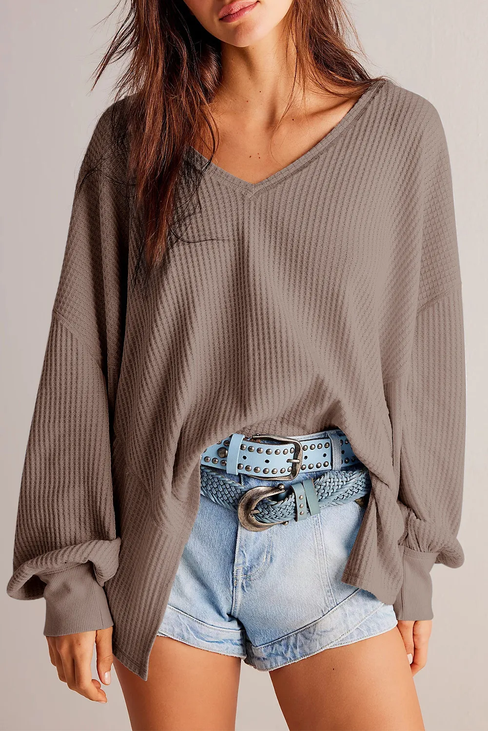 Waffle-Knit V-Neck Long Sleeve Top, image 3