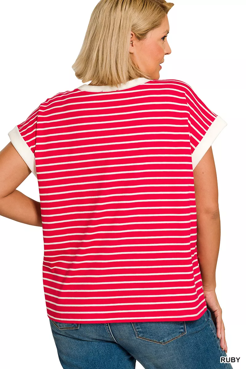 Full Size Contrast Trim Cap Sleeve Stripe Tee Plus Size, image 2