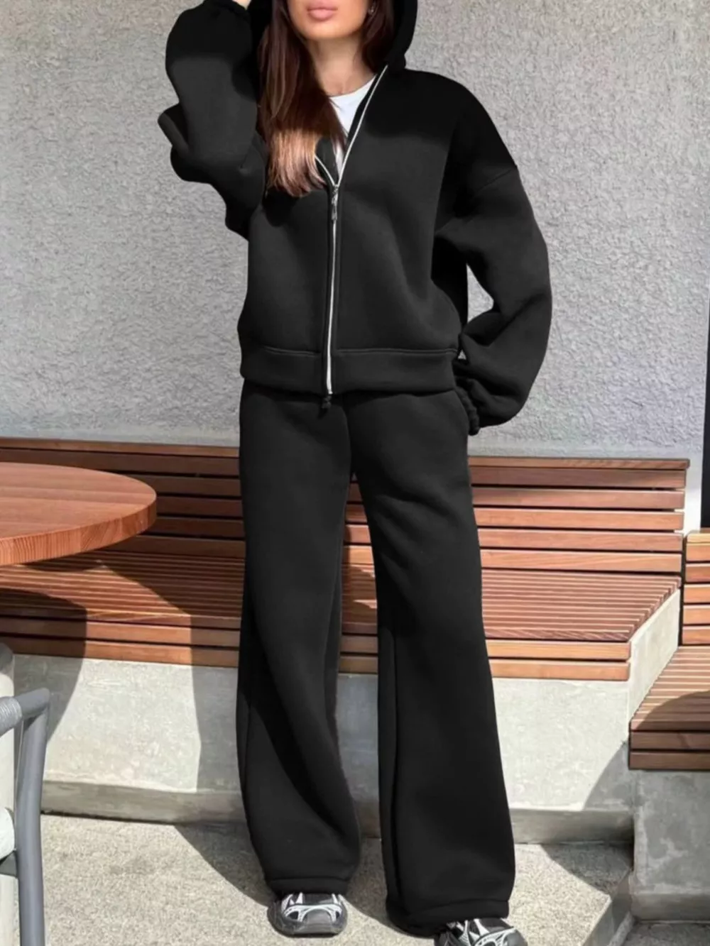 Zip-Up Hoodie and Wide-Leg Sweatpants Set, image 6