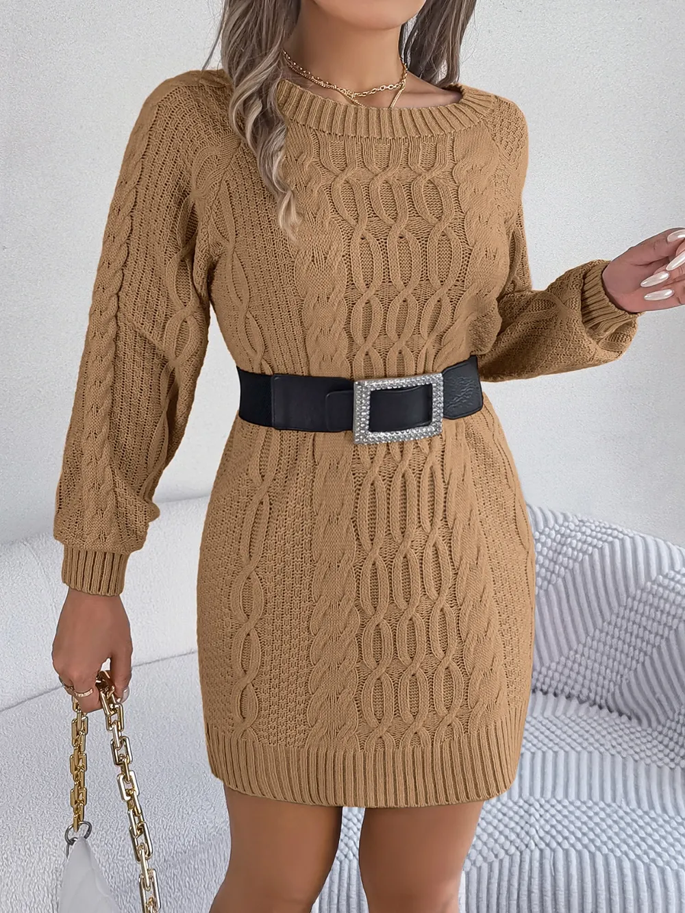 Cable-Knit Round Neck Sweater Dress, image 7
