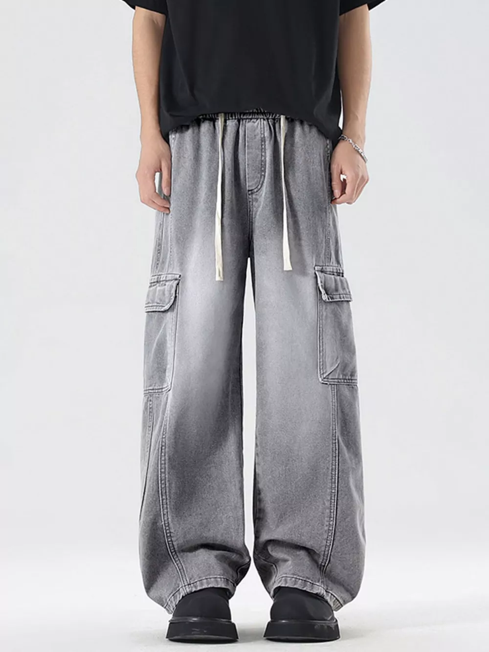 Men's Plus Size Wash Wide Leg Cargo Jeans, image 4