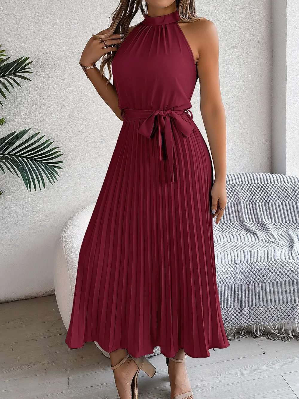 Pleated Tie Waist Sleeveless Midi Dress, image 4