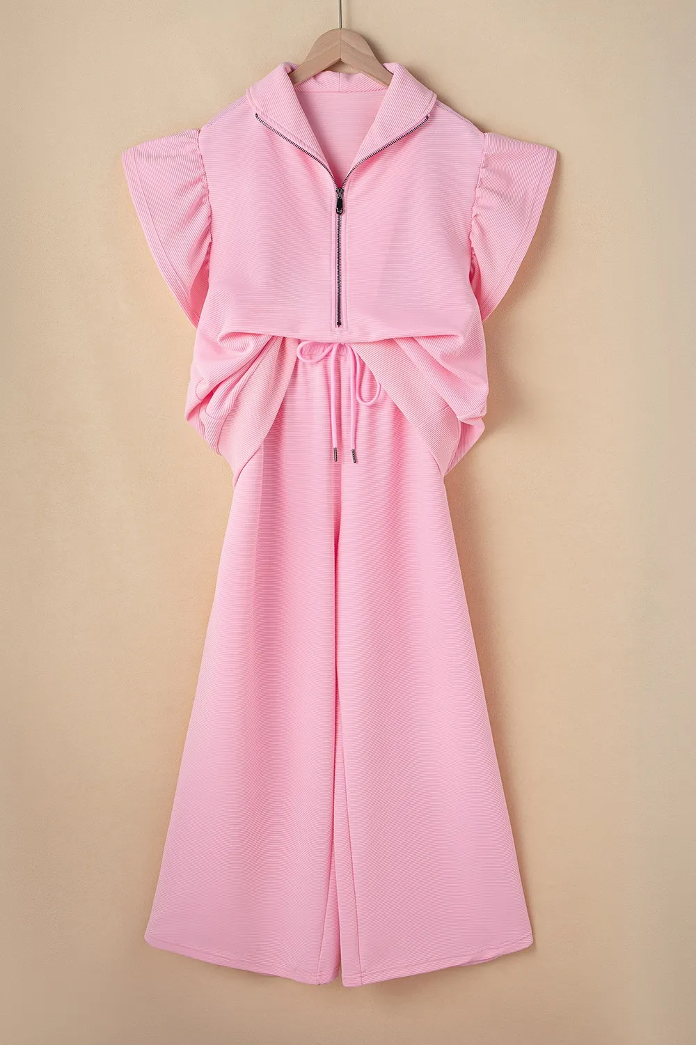 Textured Ruffled Sleeve Zipped Top and Wide Leg Pants Set, image 8