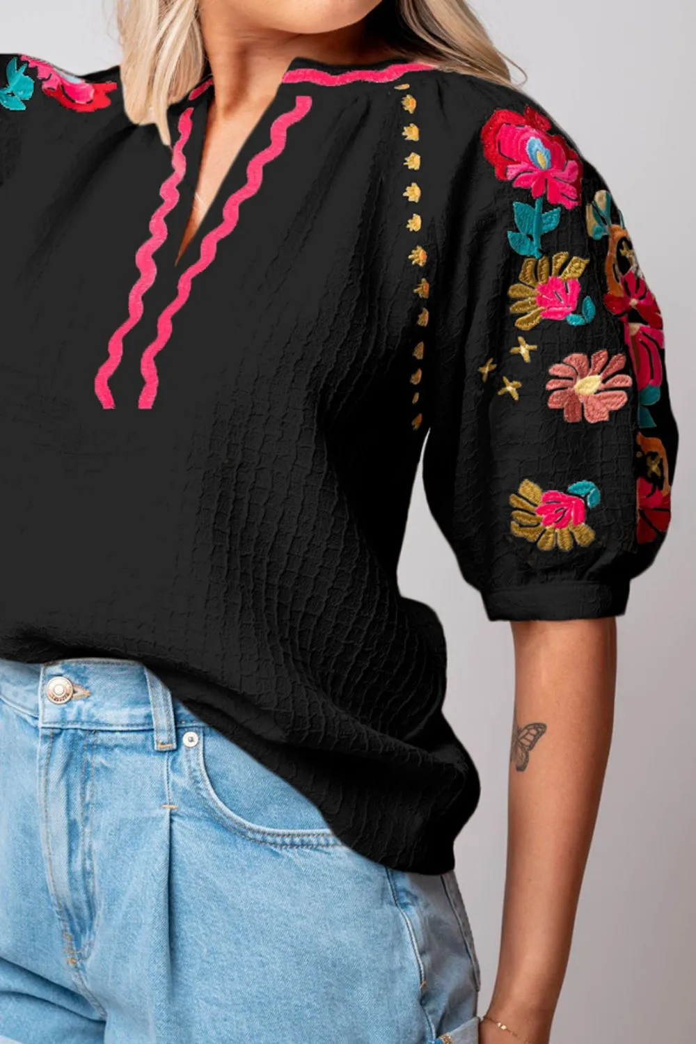 Floral Embroidered Notched Puff Sleeve Blouse, image 3