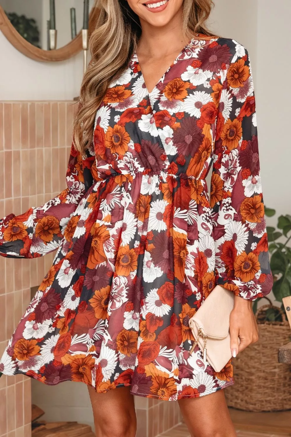 Floral Print Wrap V Neck Puff Sleeve Flowy Mini Dress, image 2