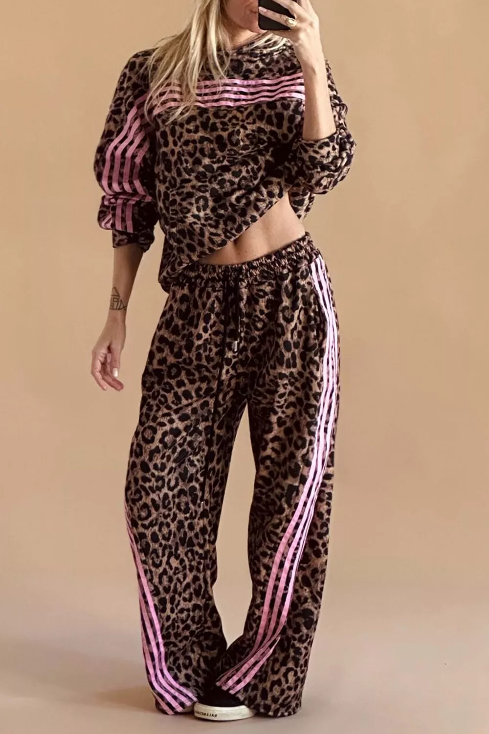 Leopard Print Contrast Striped Detail Long Sleeve Top Pant Set, image 2