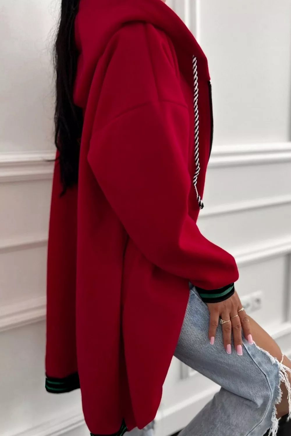 Contrast Cuffed Drop Shoulder Zip Up Hoodie, image 2