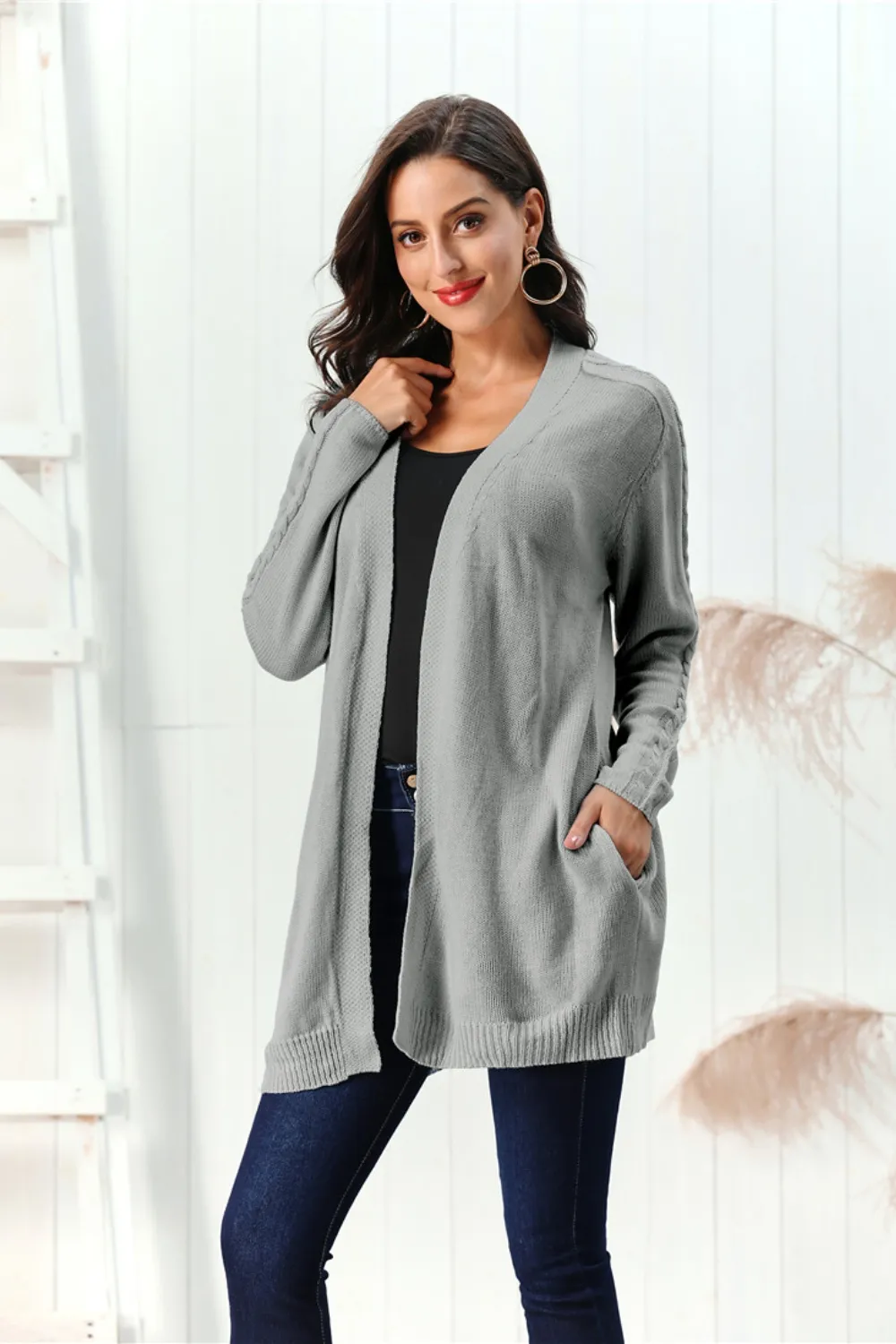 Cable-Knit Open Front Long Sleeve Cardigan, image 12