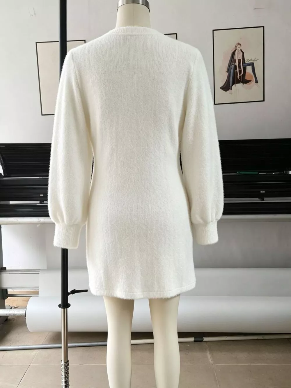 Fuzzy V-Neck Long Sleeve Sweater Dress, image 8