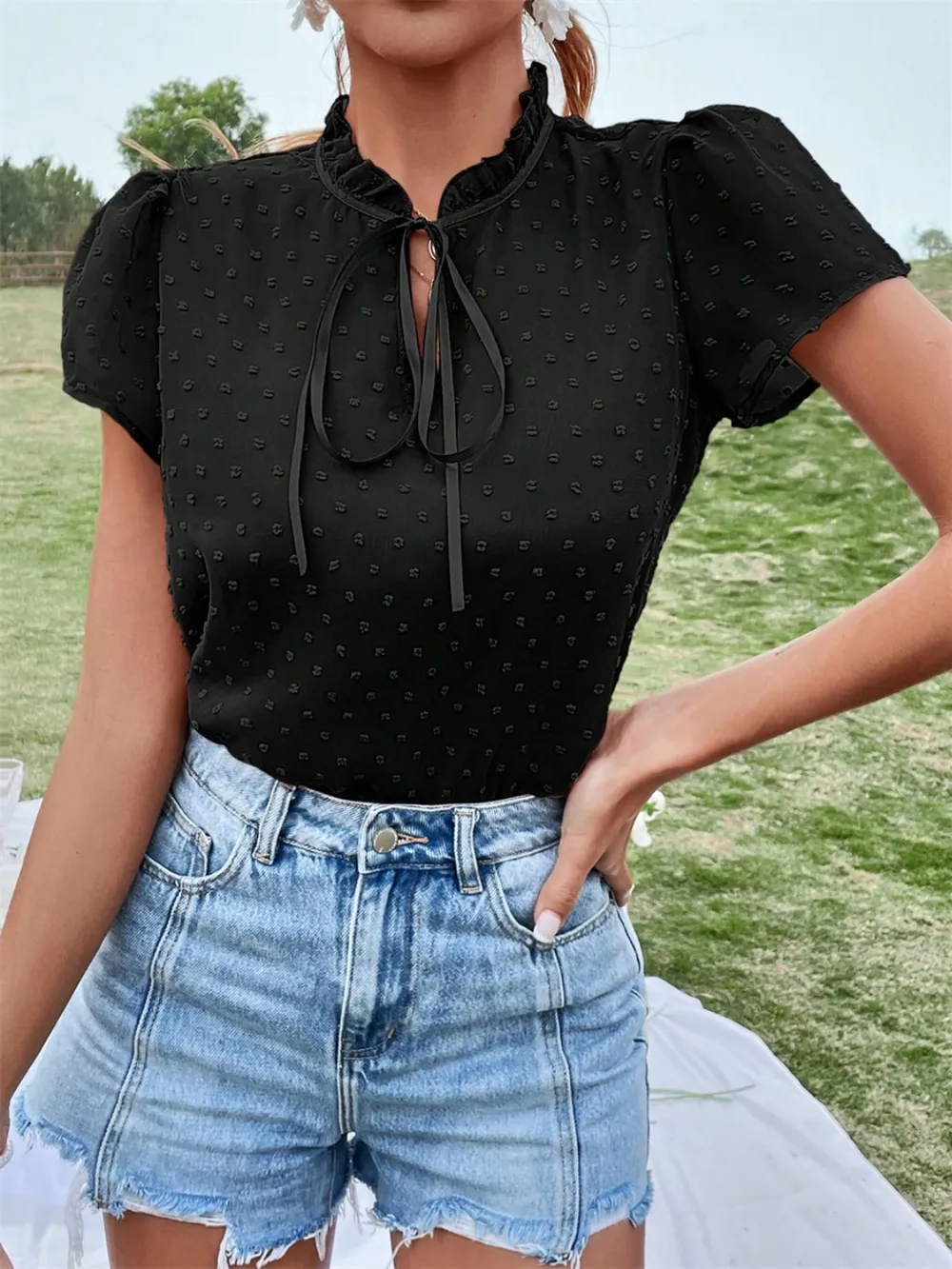 Frill Swiss Dot Tie Neck Short Sleeve Blouse