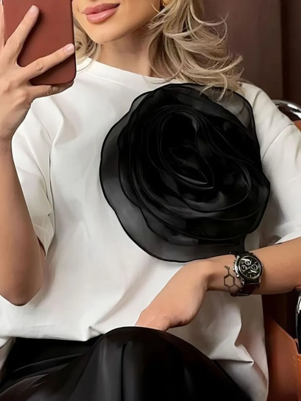 Flower Round Neck Short Sleeve T-Shirt, image 9